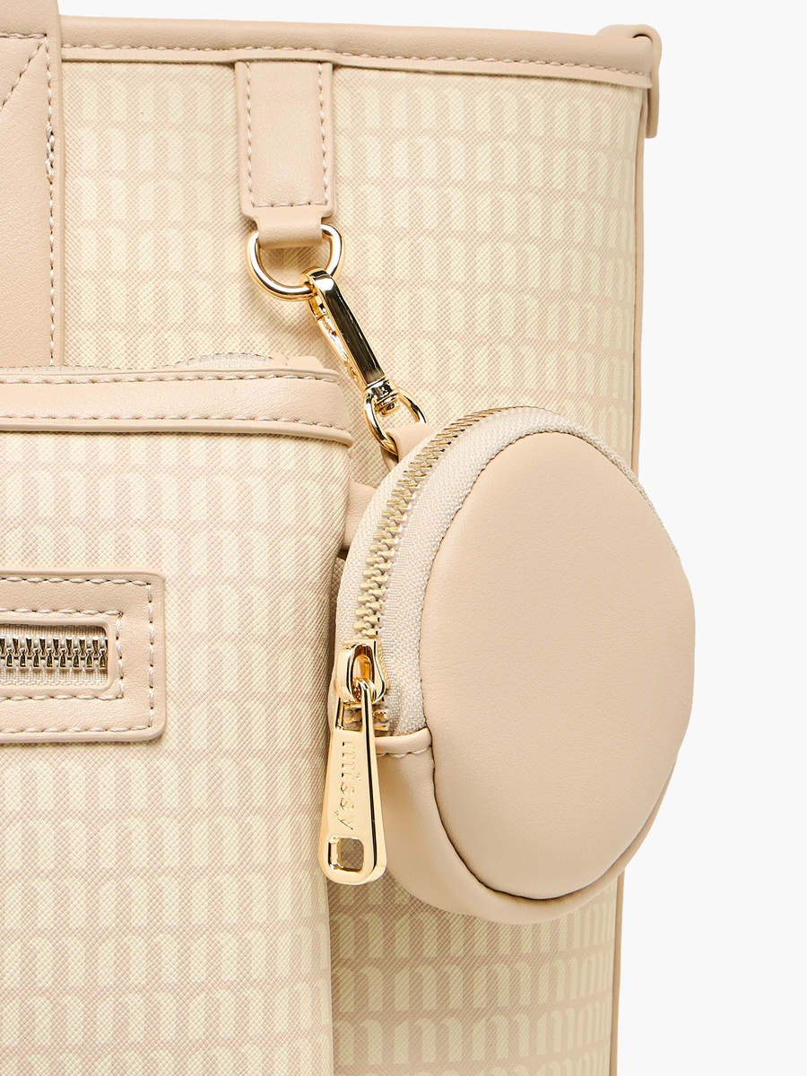 Monogram Print Tote Bag with Double Handle and Detachable Pouch