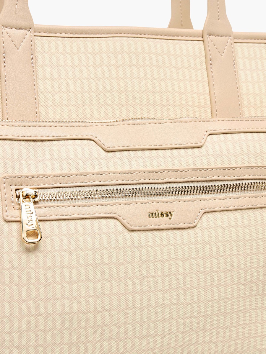 Monogram Print Tote Bag with Double Handle and Detachable Pouch
