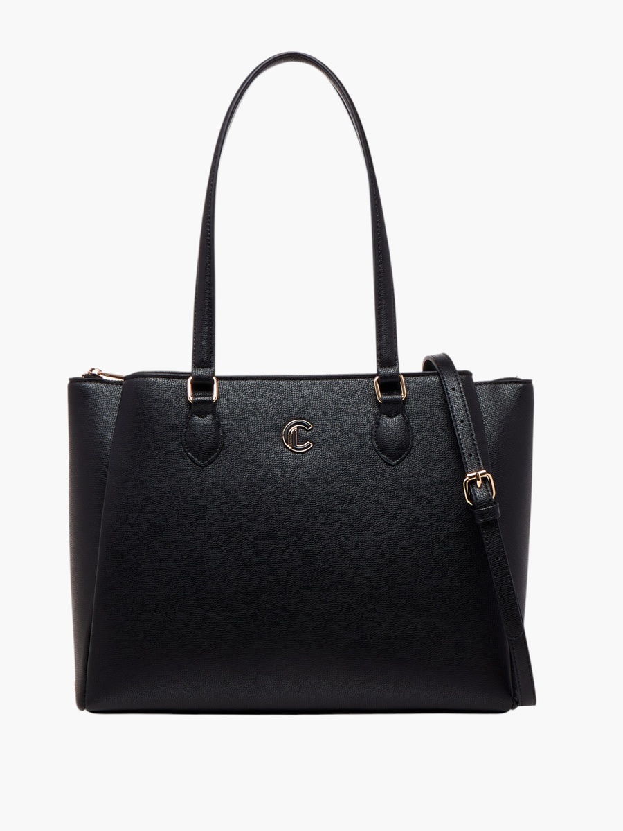 Textured Tote Bag with Detachable Strap and Zip Closure