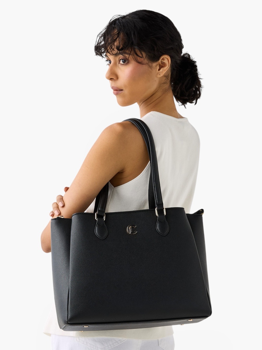 Textured Tote Bag with Detachable Strap and Zip Closure
