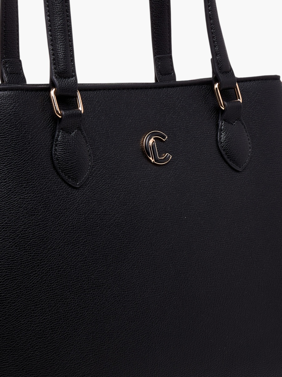 Textured Tote Bag with Detachable Strap and Zip Closure
