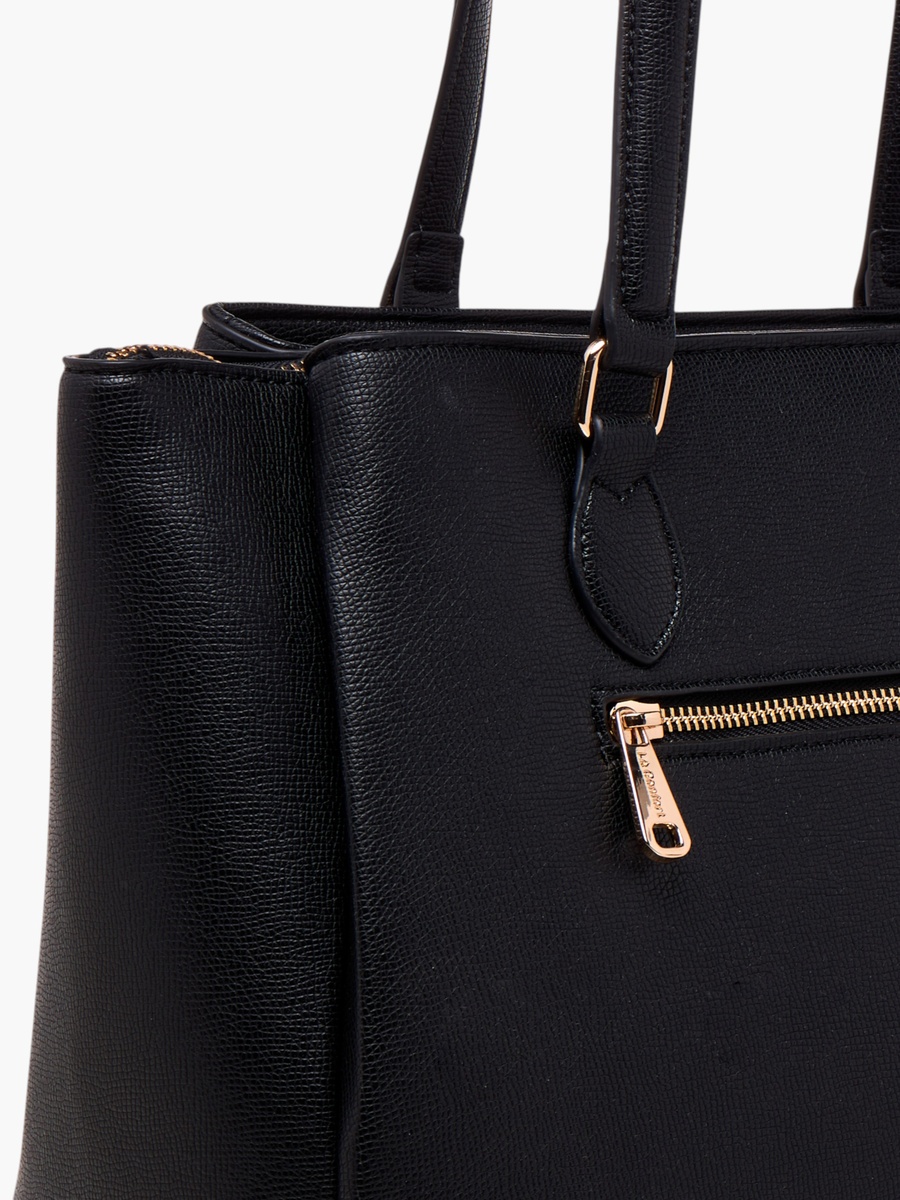 Textured Tote Bag with Detachable Strap and Zip Closure
