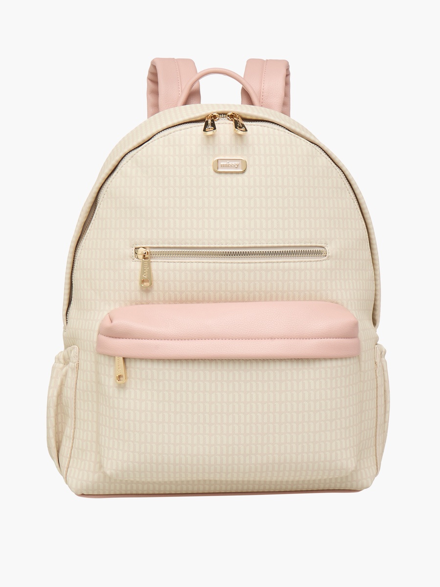 Monogram Print Backpack with Adjustable Straps and Zip Closure - 32x16x41 cm