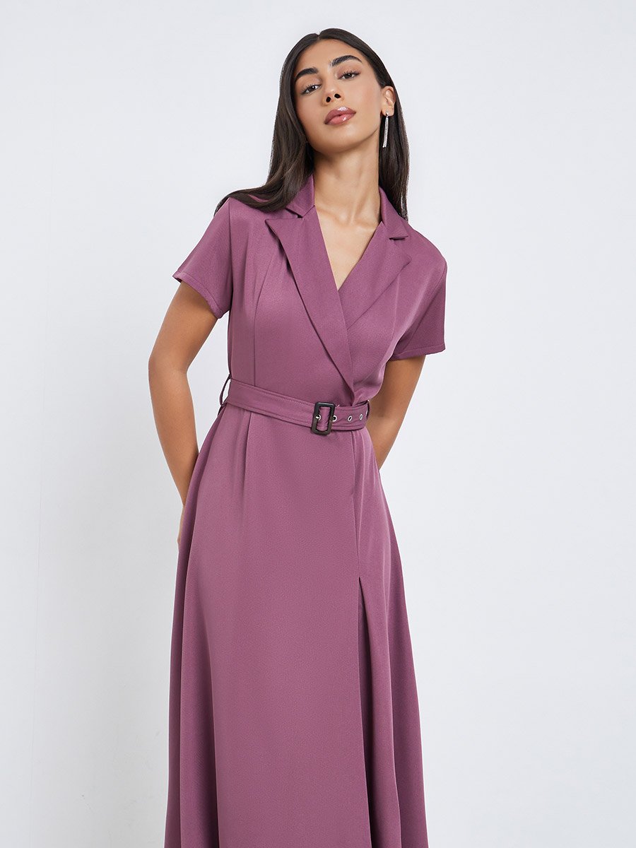 Purple Notch Lapel Midi Dress with Belt