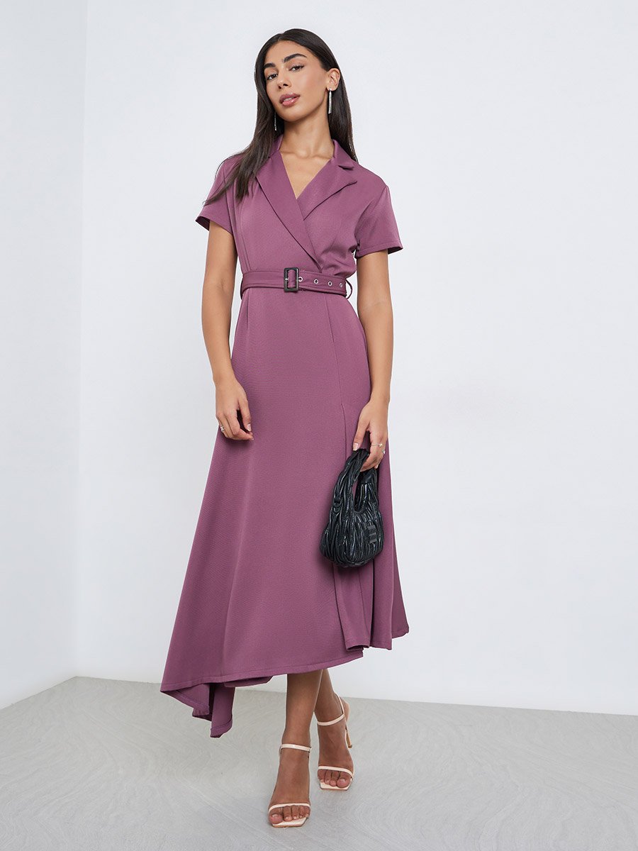 Purple Notch Lapel Midi Dress with Belt