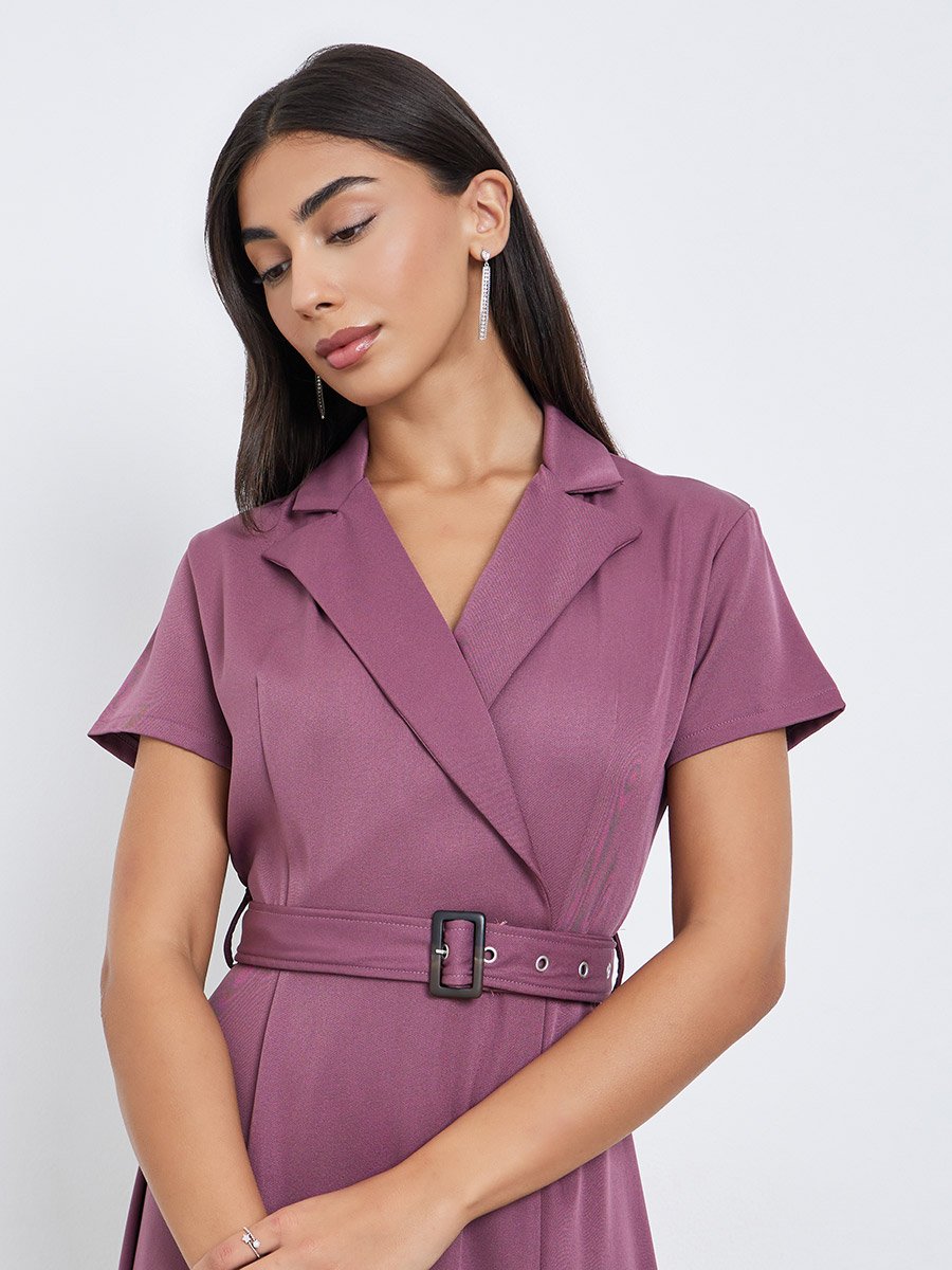 Purple Notch Lapel Midi Dress with Belt