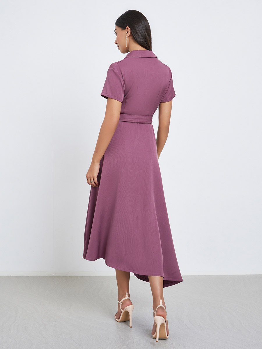 Purple Notch Lapel Midi Dress with Belt