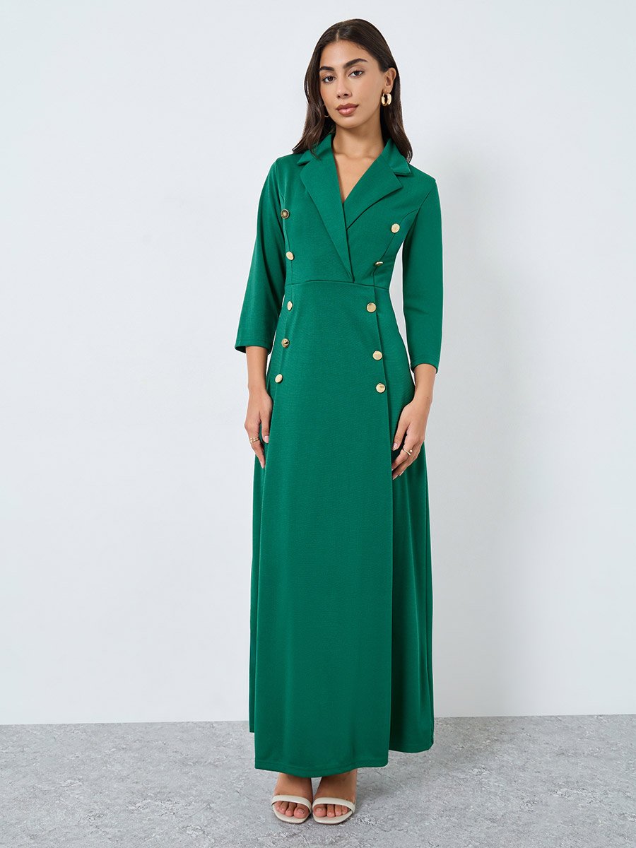 Emerald Green Buttoned Blazer Maxi Dress For Women at UAE | Styli
