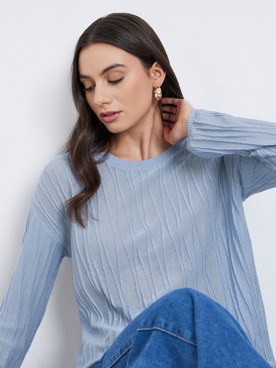 Women Grey Textured Oversized Crewneck Sweater