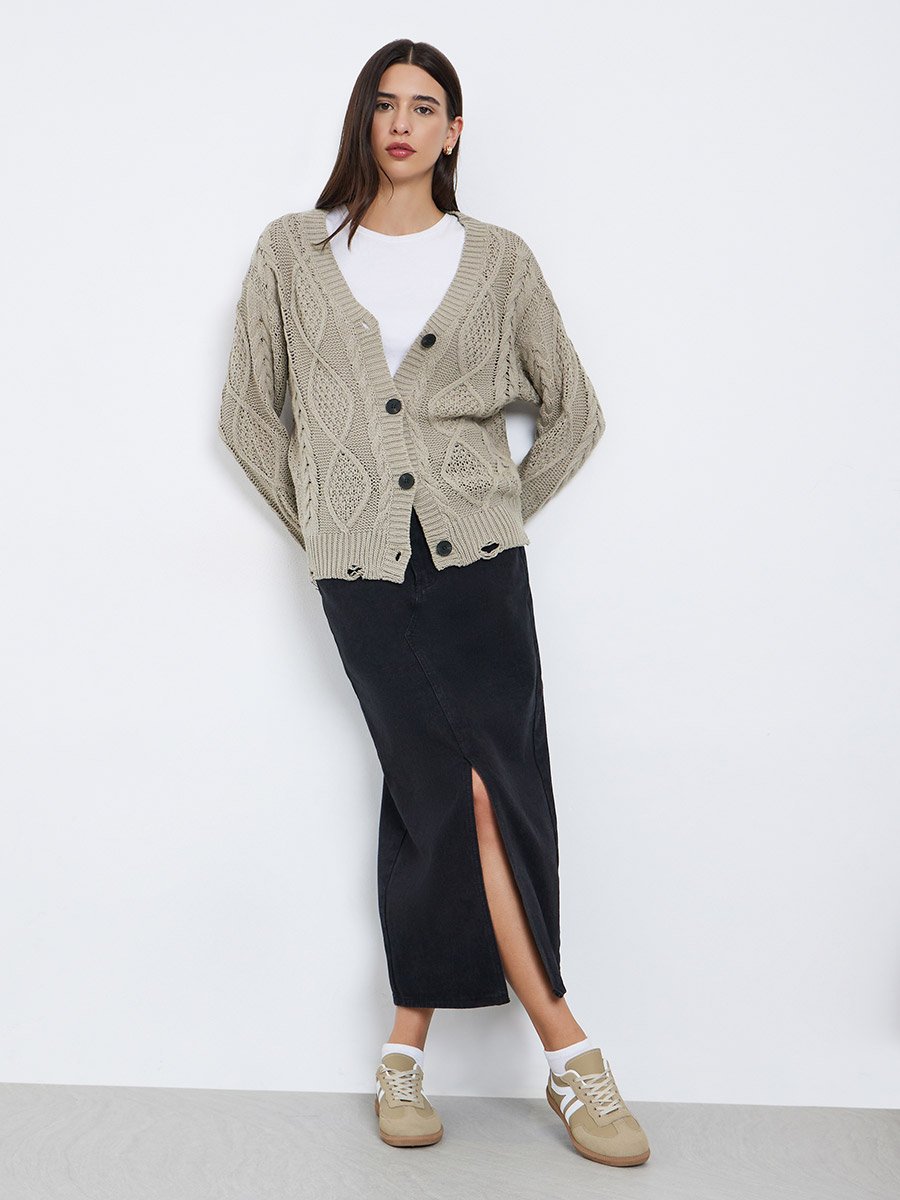 Beige Cable Knit Ripped Detail Cardigan