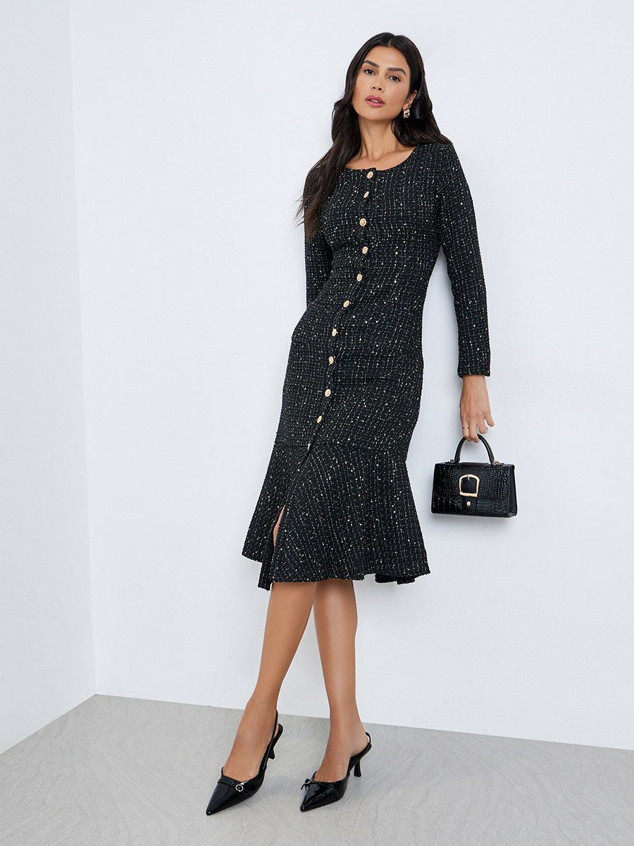 Black Tweed Look Buttoned Midi Dress