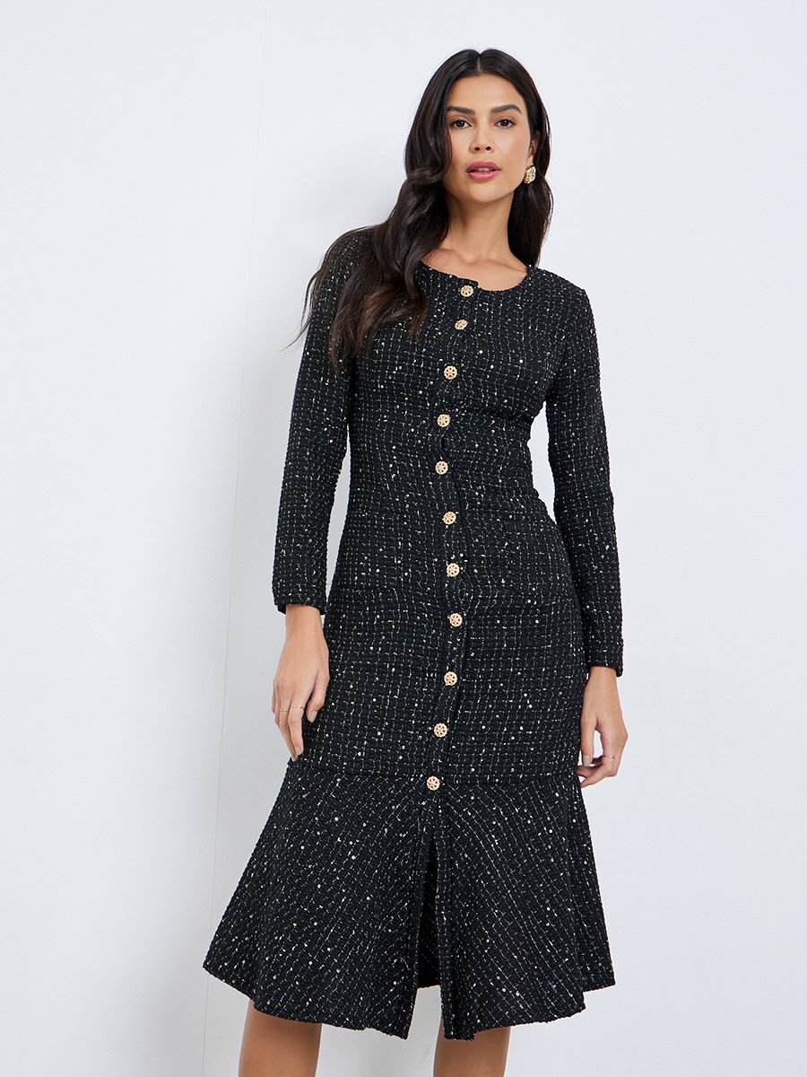 Black Tweed Look Buttoned Midi Dress