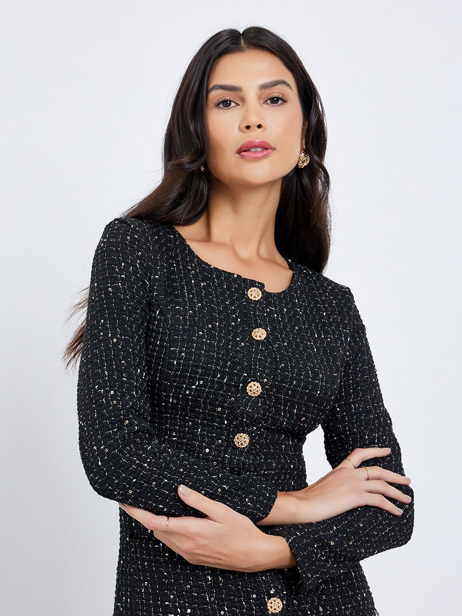 Black Tweed Look Buttoned Midi Dress