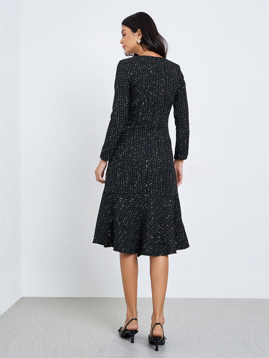 Black Tweed Look Buttoned Midi Dress