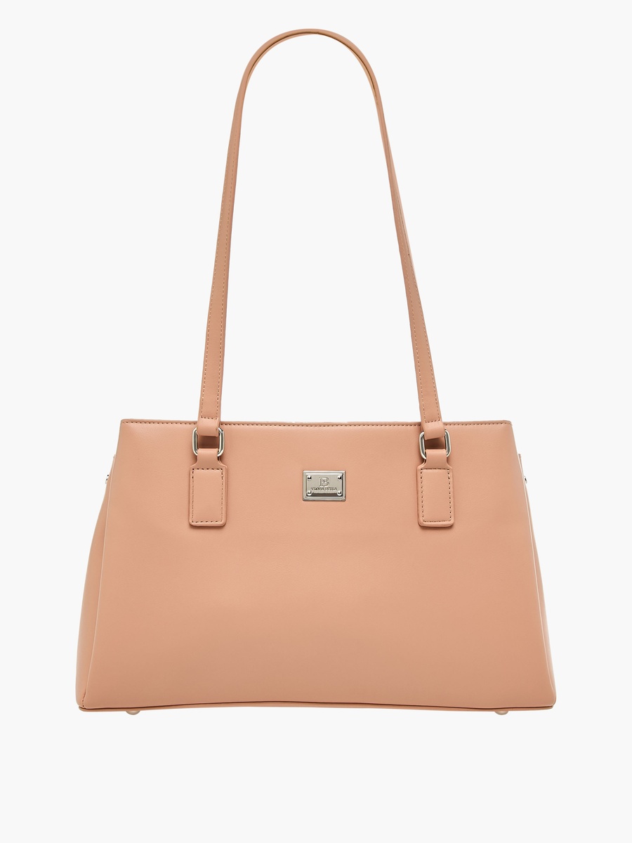 Solid Shoulder Bag with Double Handle and Zip Closure