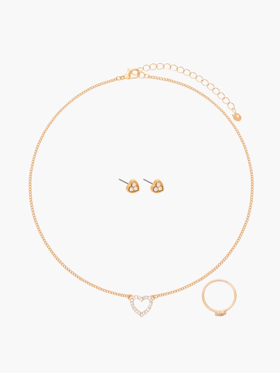 Heart Embellished Pendant Necklace with Earrings and Ring