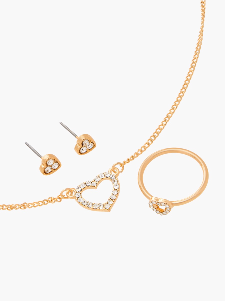 Heart Embellished Pendant Necklace with Earrings and Ring