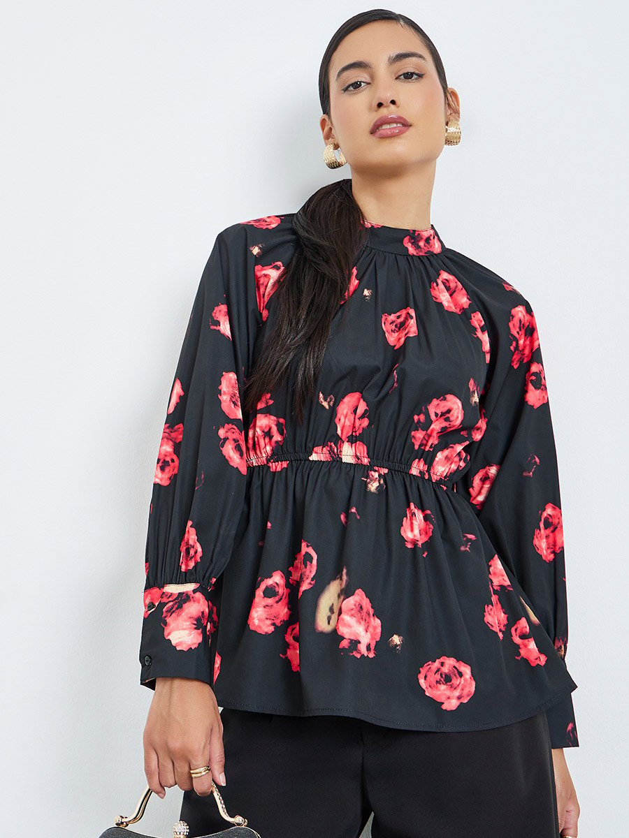 Black Floral Print Long Sleeve Blouse