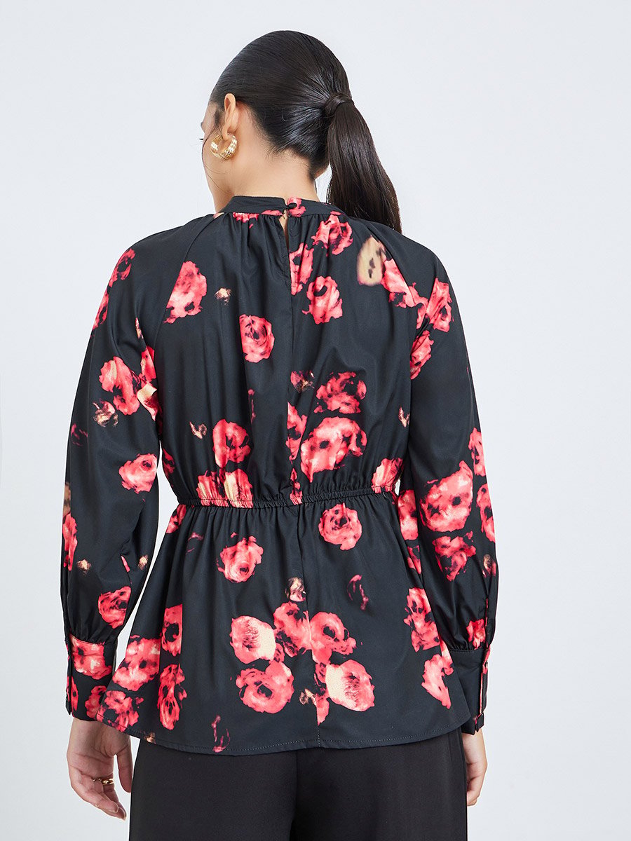 Black Floral Print Long Sleeve Blouse