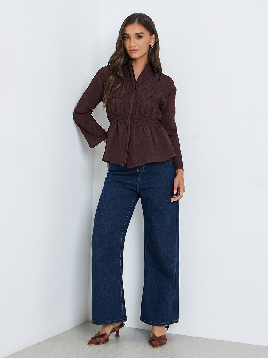 Women Brown Textured Smocked Peplum Shirt
