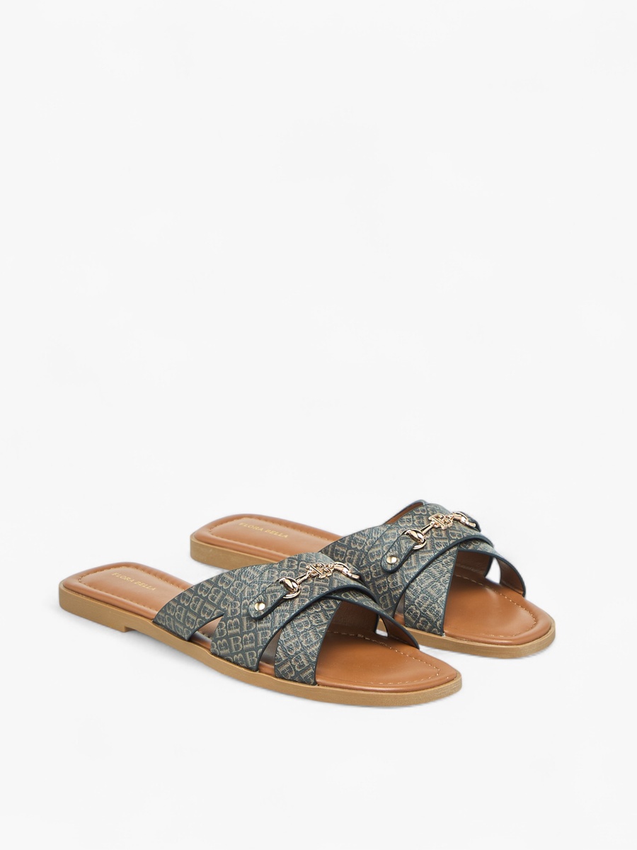 Monogram Print Slip-On Flat Sandals with Metal Accent
