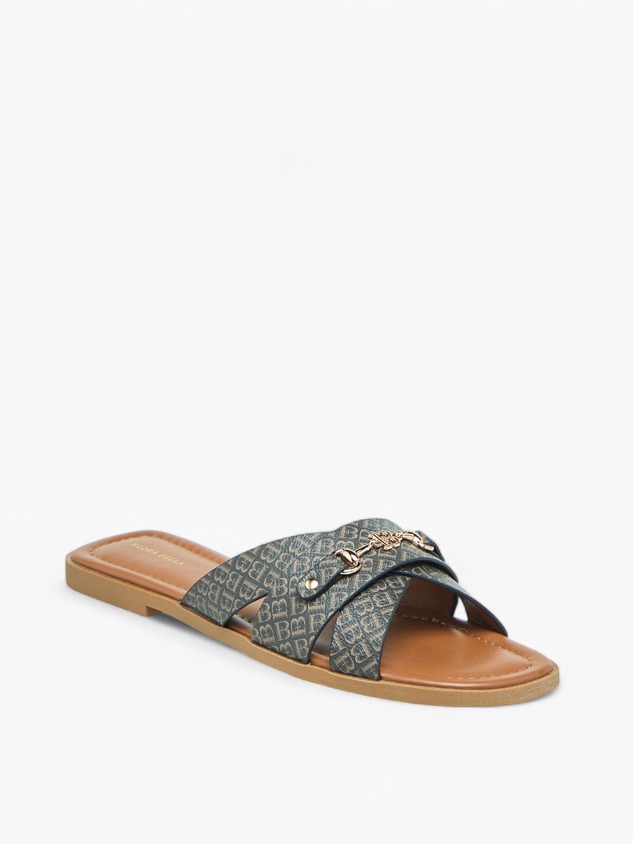 Monogram Print Slip-On Flat Sandals with Metal Accent
