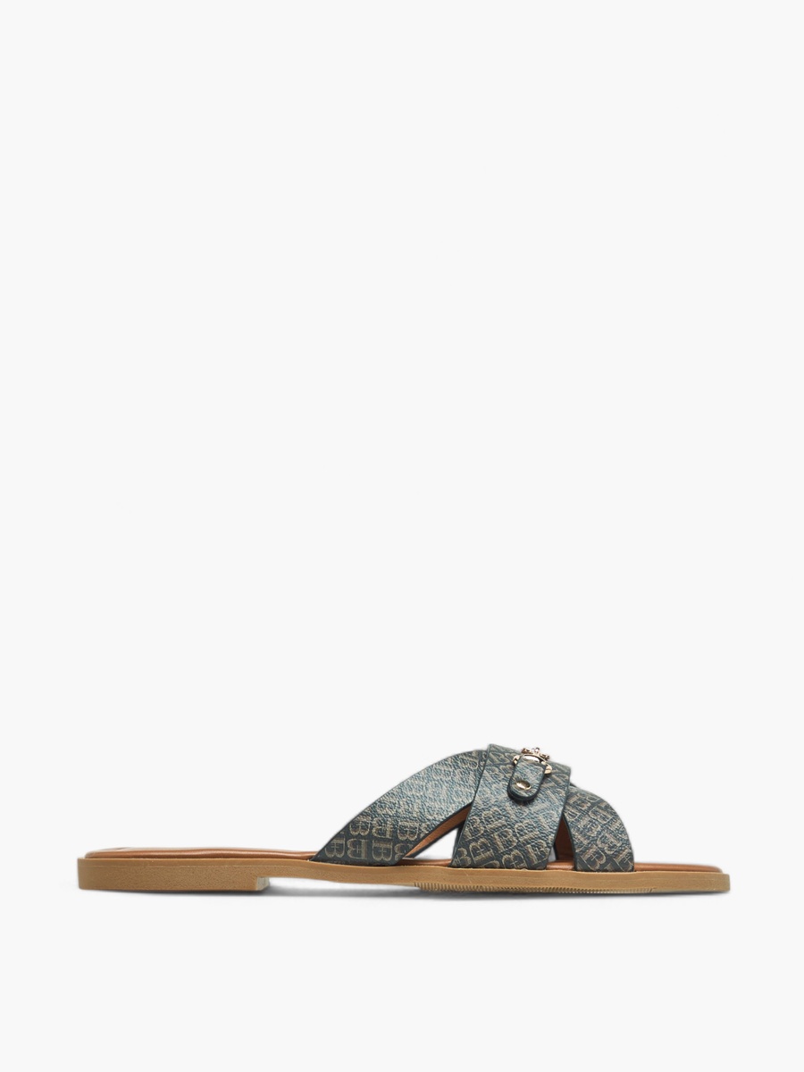 Monogram Print Slip-On Flat Sandals with Metal Accent