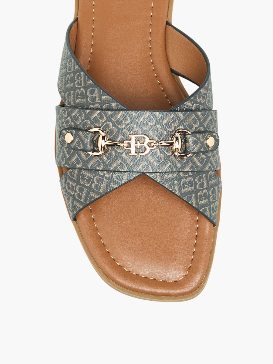 Monogram Print Slip-On Flat Sandals with Metal Accent