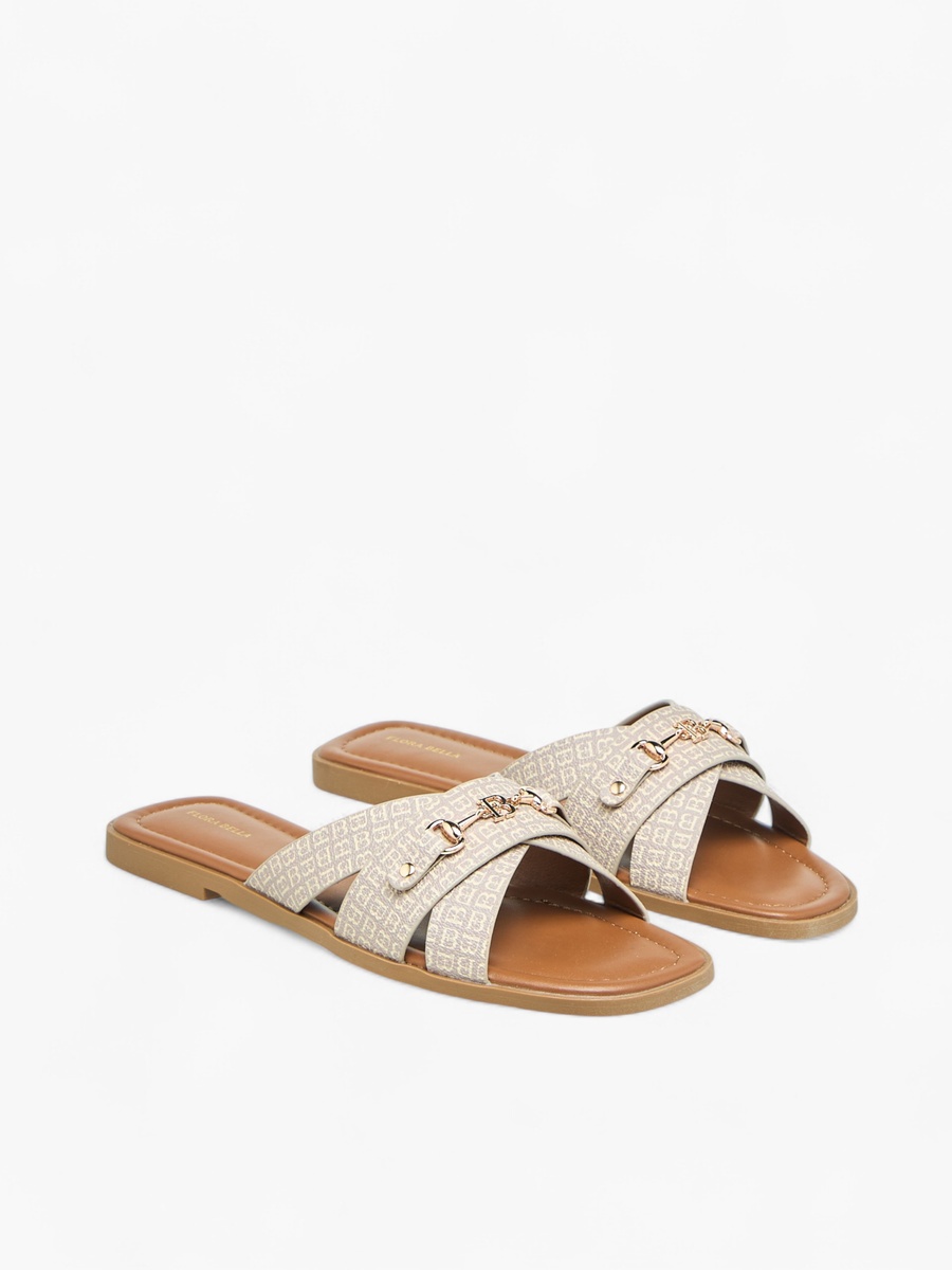 Monogram Print Slip-On Flat Sandals with Metal Accent