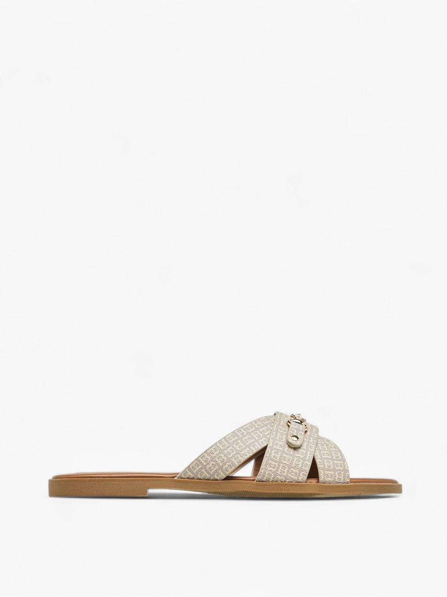 Monogram Print Slip-On Flat Sandals with Metal Accent