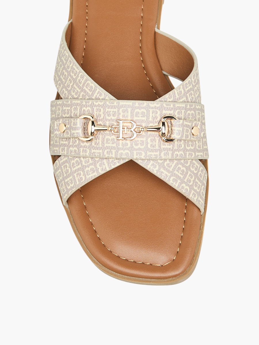 Monogram Print Slip-On Flat Sandals with Metal Accent