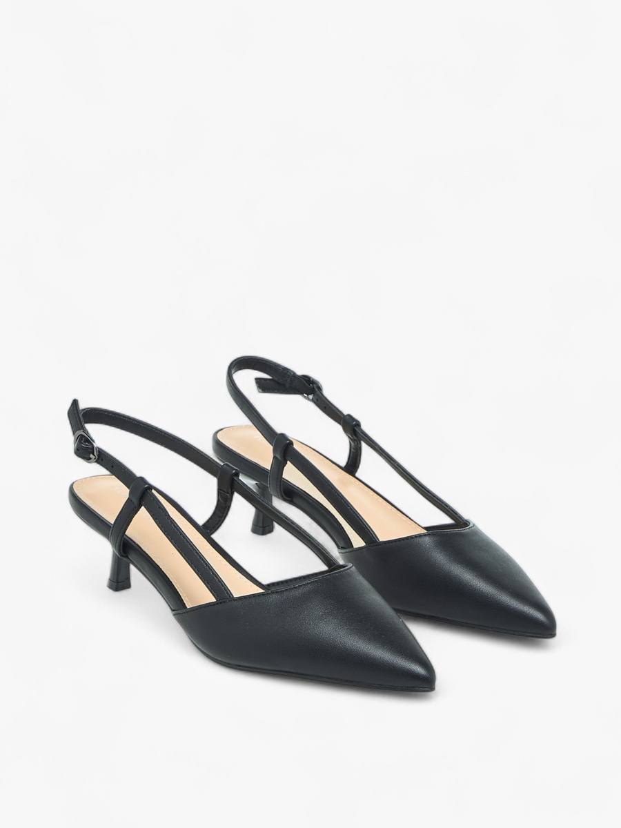 Solid Pointed Toe Shoes with Kitten Heels and Buckle Closure