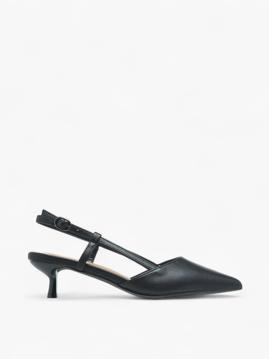Solid Pointed Toe Shoes with Kitten Heels and Buckle Closure