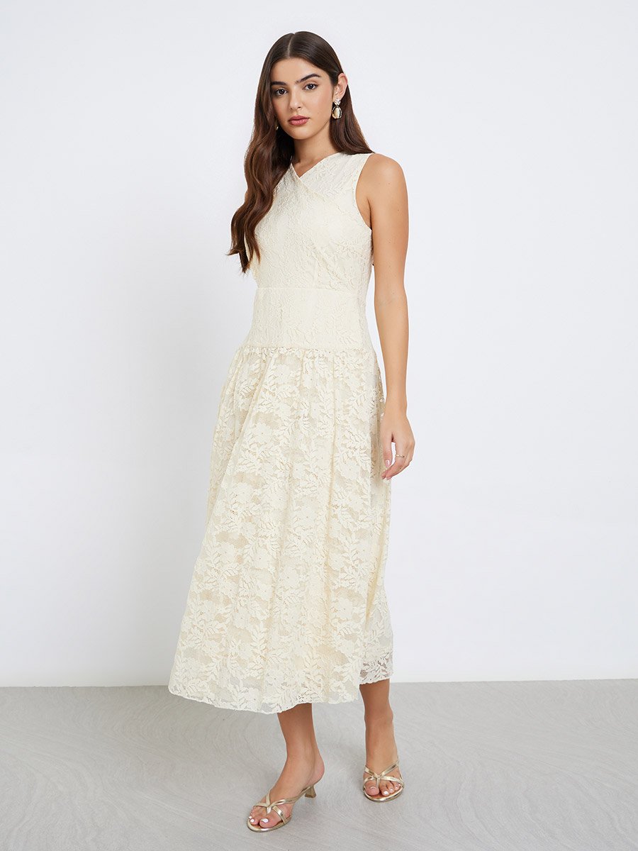 Beige Lace Sleeveless Midi Dress