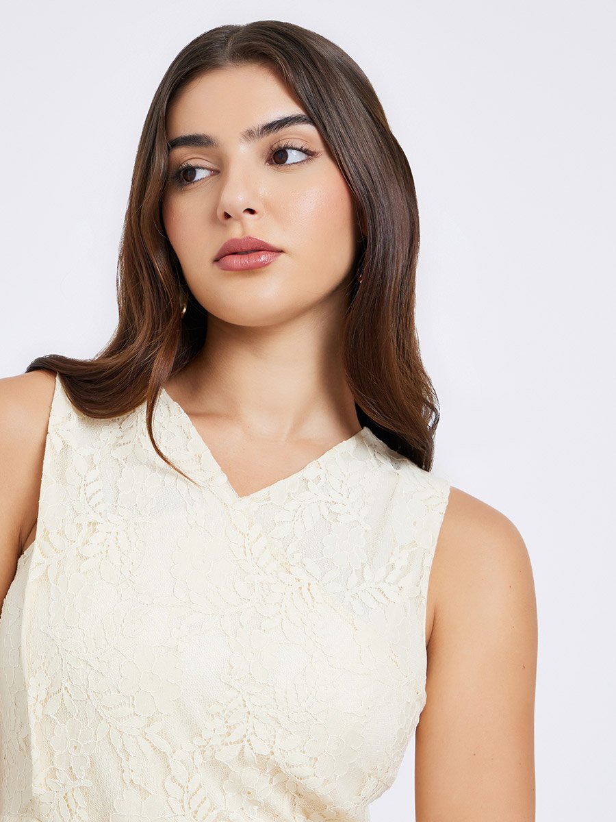 Beige Lace Sleeveless Midi Dress