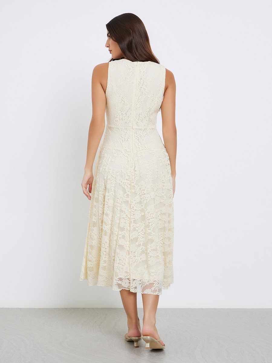 Beige Lace Sleeveless Midi Dress