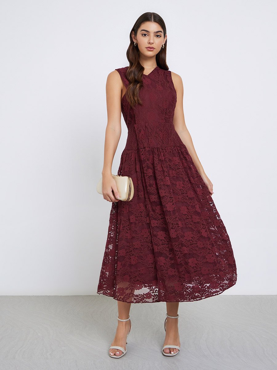 Burgundy Lace Sleeveless Midi Dress