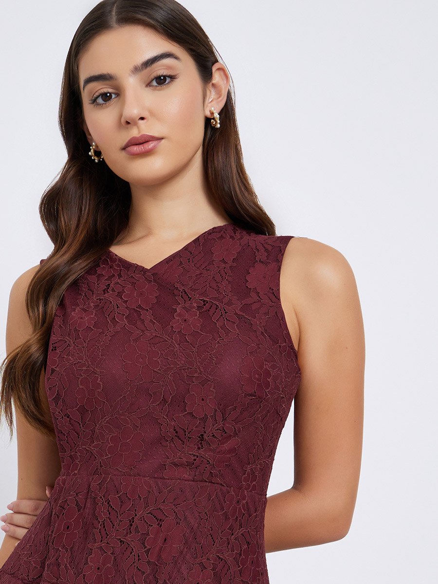 Burgundy Lace Sleeveless Midi Dress