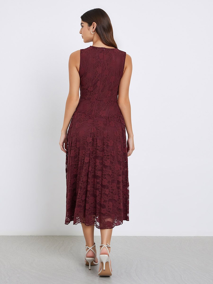 Burgundy Lace Sleeveless Midi Dress
