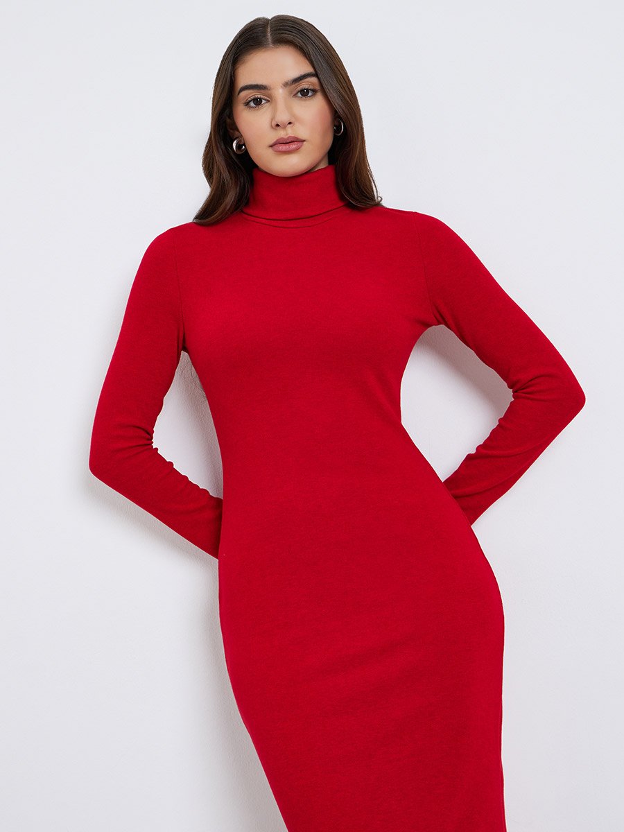 Red Turtle Neck Sweater Midi Dress For Women at Kuwait | Styli