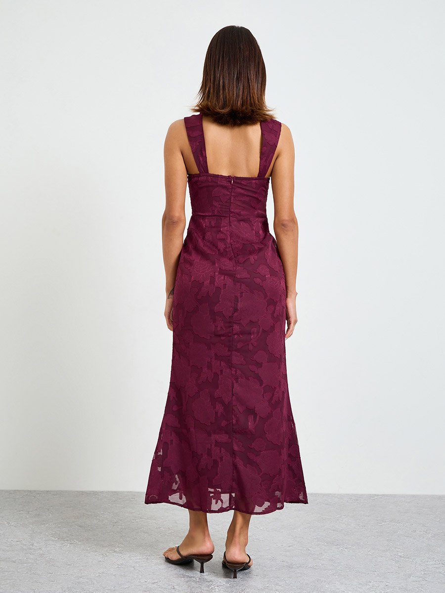 Burgundy Solid Lace Details Square Neck Midi Dress