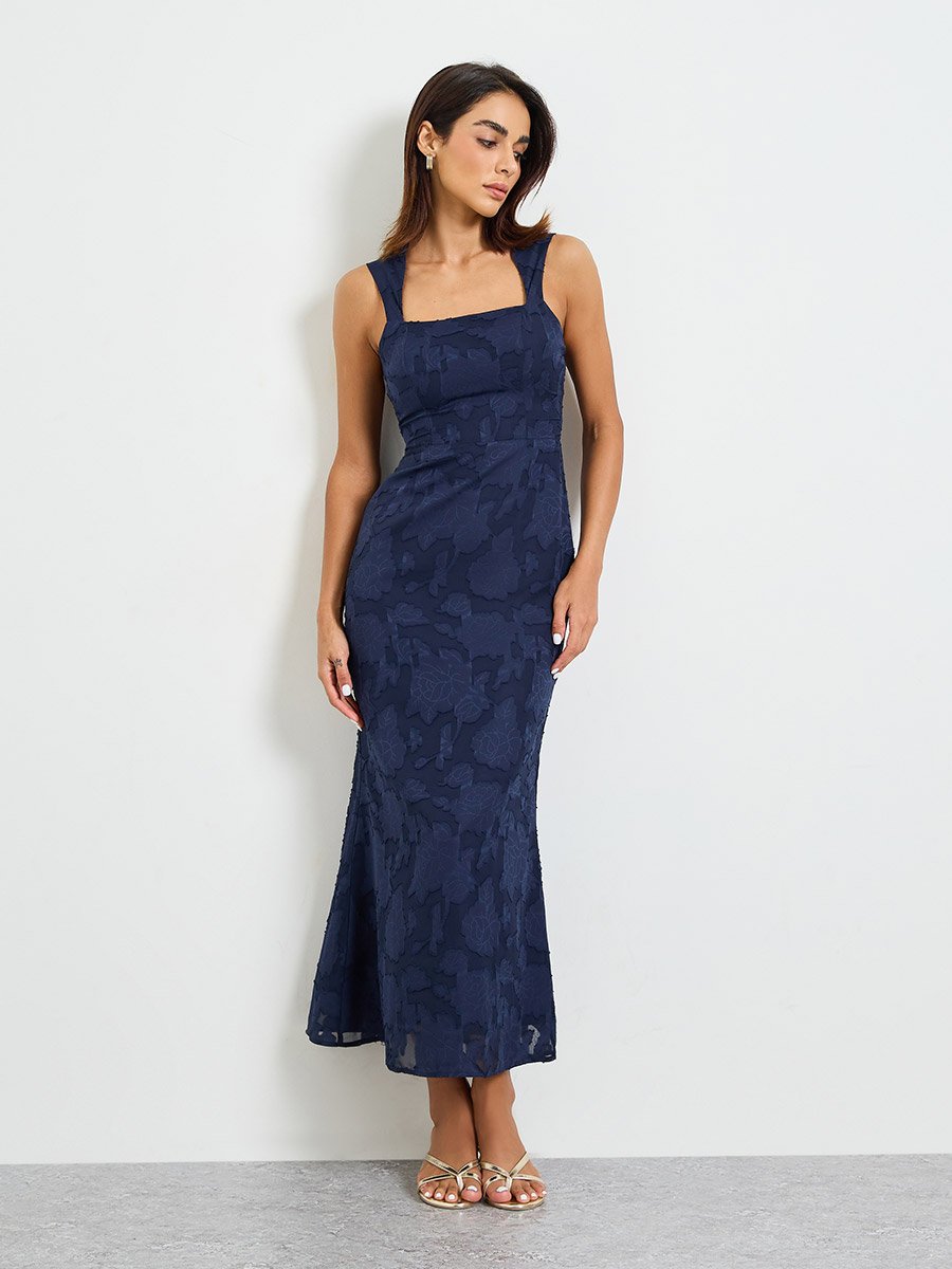 Navy Blue Solid Lace Details Square Neck Midi Dress