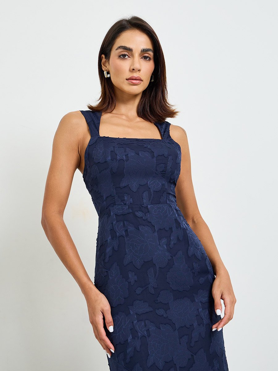 Navy Blue Solid Lace Details Square Neck Midi Dress