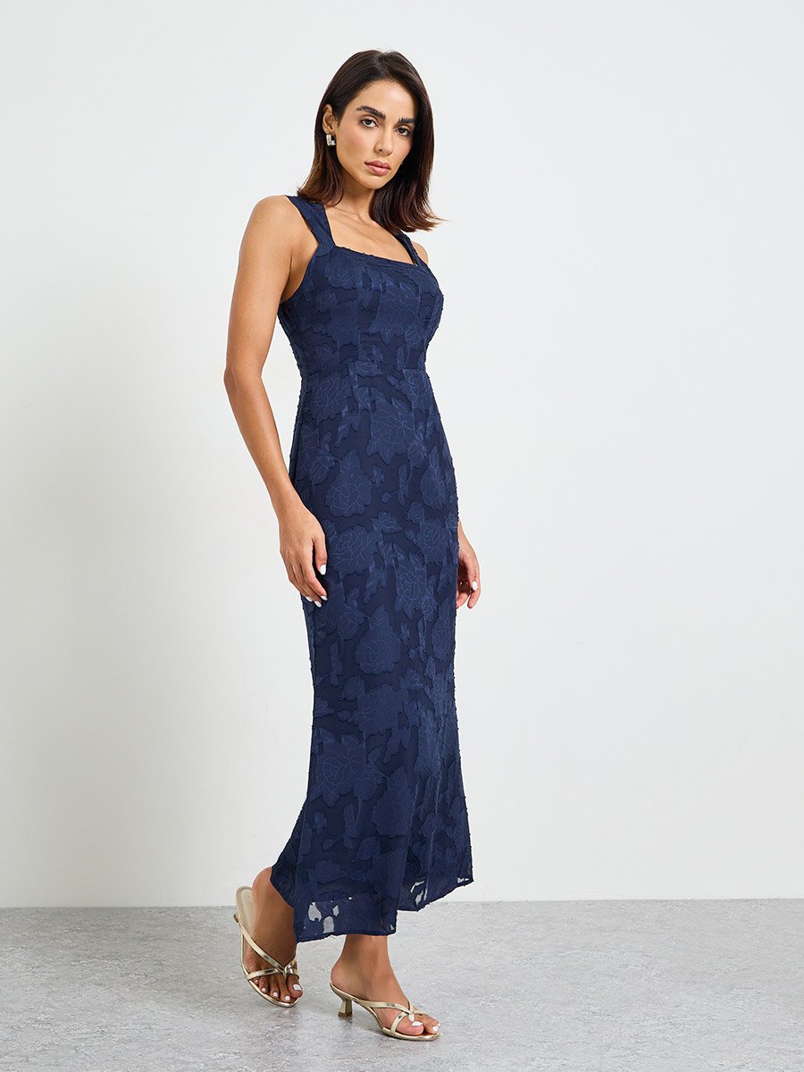 Navy Blue Solid Lace Details Square Neck Midi Dress