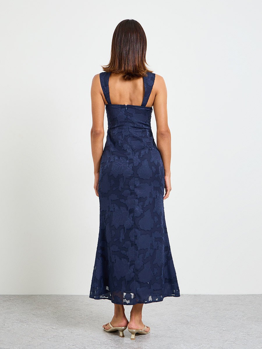 Navy Blue Solid Lace Details Square Neck Midi Dress