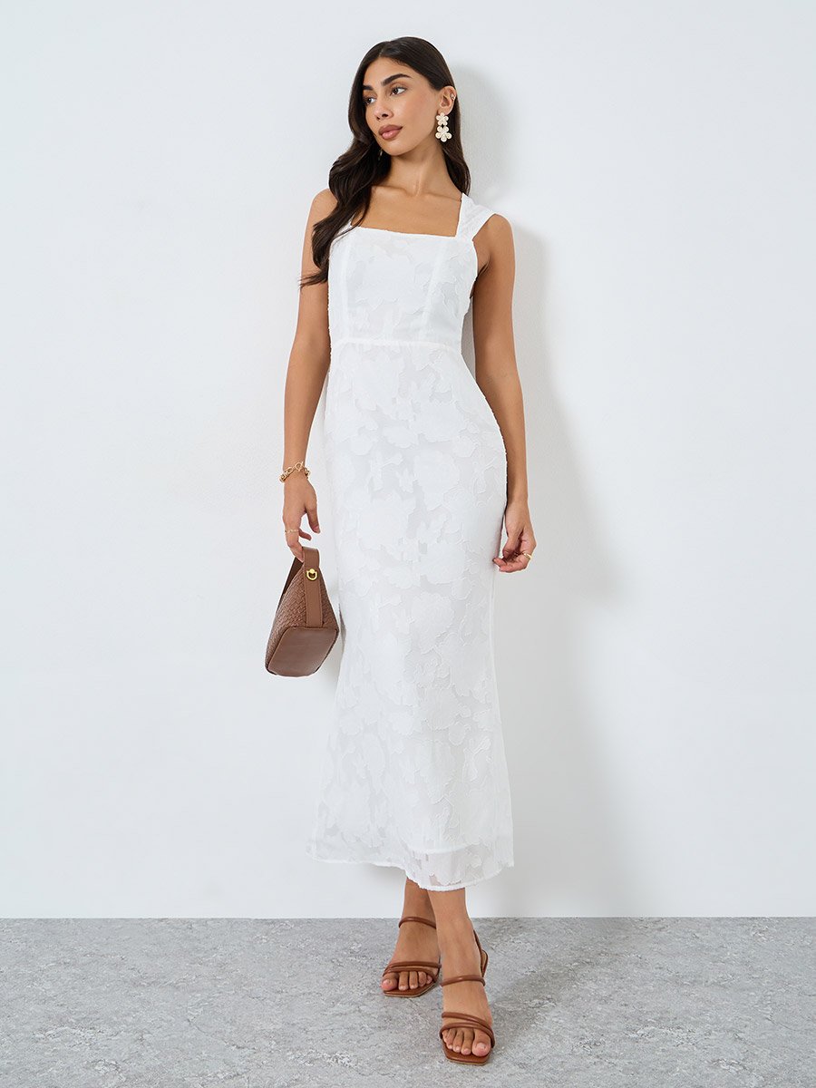 Solid All-Lace Square Neck Cami Midi Dress For Women at UAE | Styli