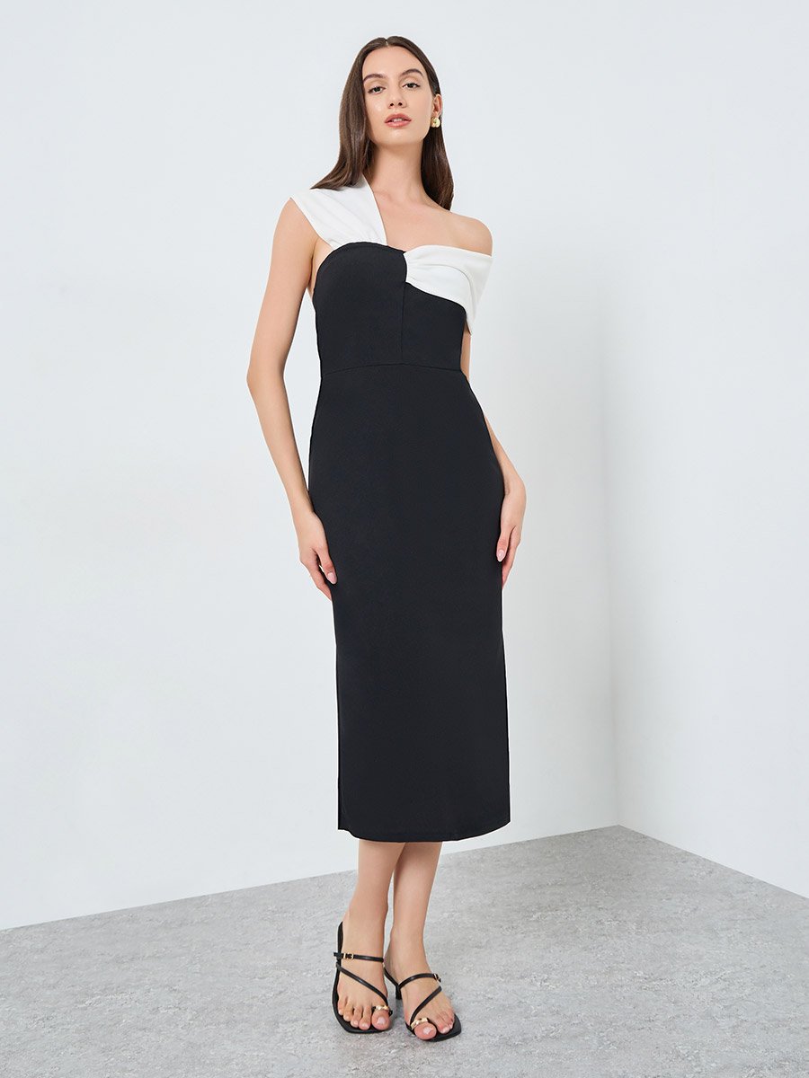 Colorblock One Shoulder Bodycon Midi Dress