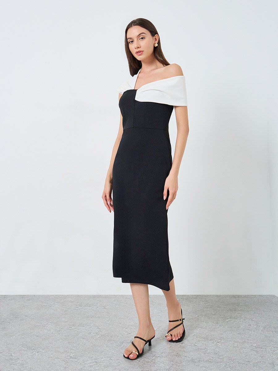 Colorblock One Shoulder Bodycon Midi Dress