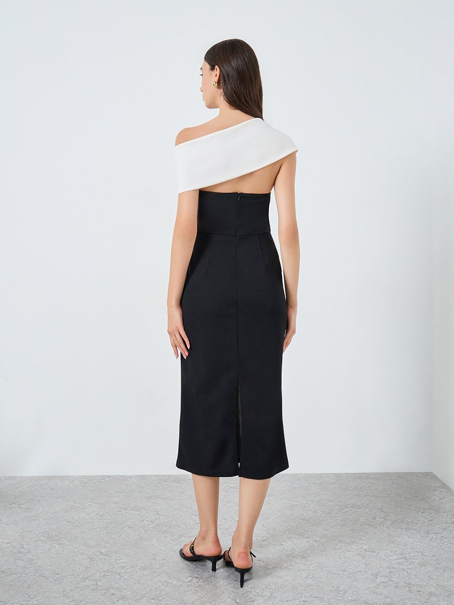 Colorblock One Shoulder Bodycon Midi Dress