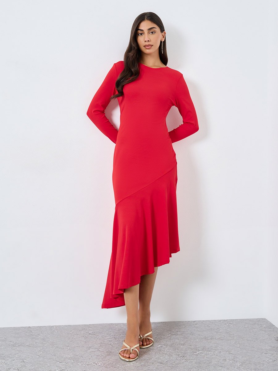 Solid Long Sleeve Asymmetric Hem Midi Dress